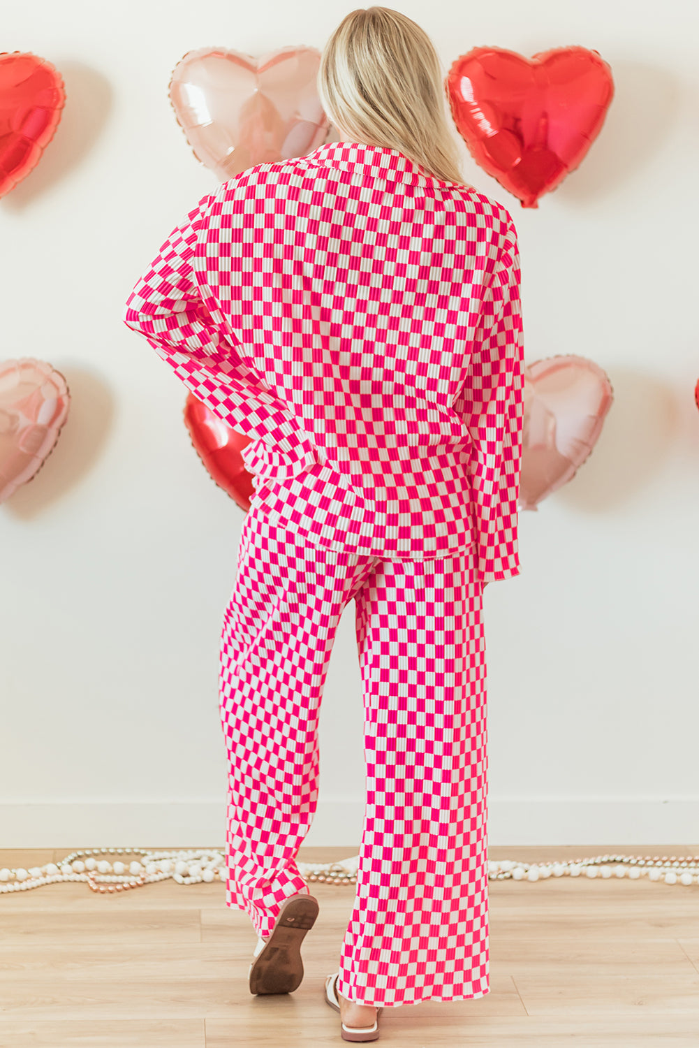 Pink Checkered Shirt & High Waist Pants Pajama Set