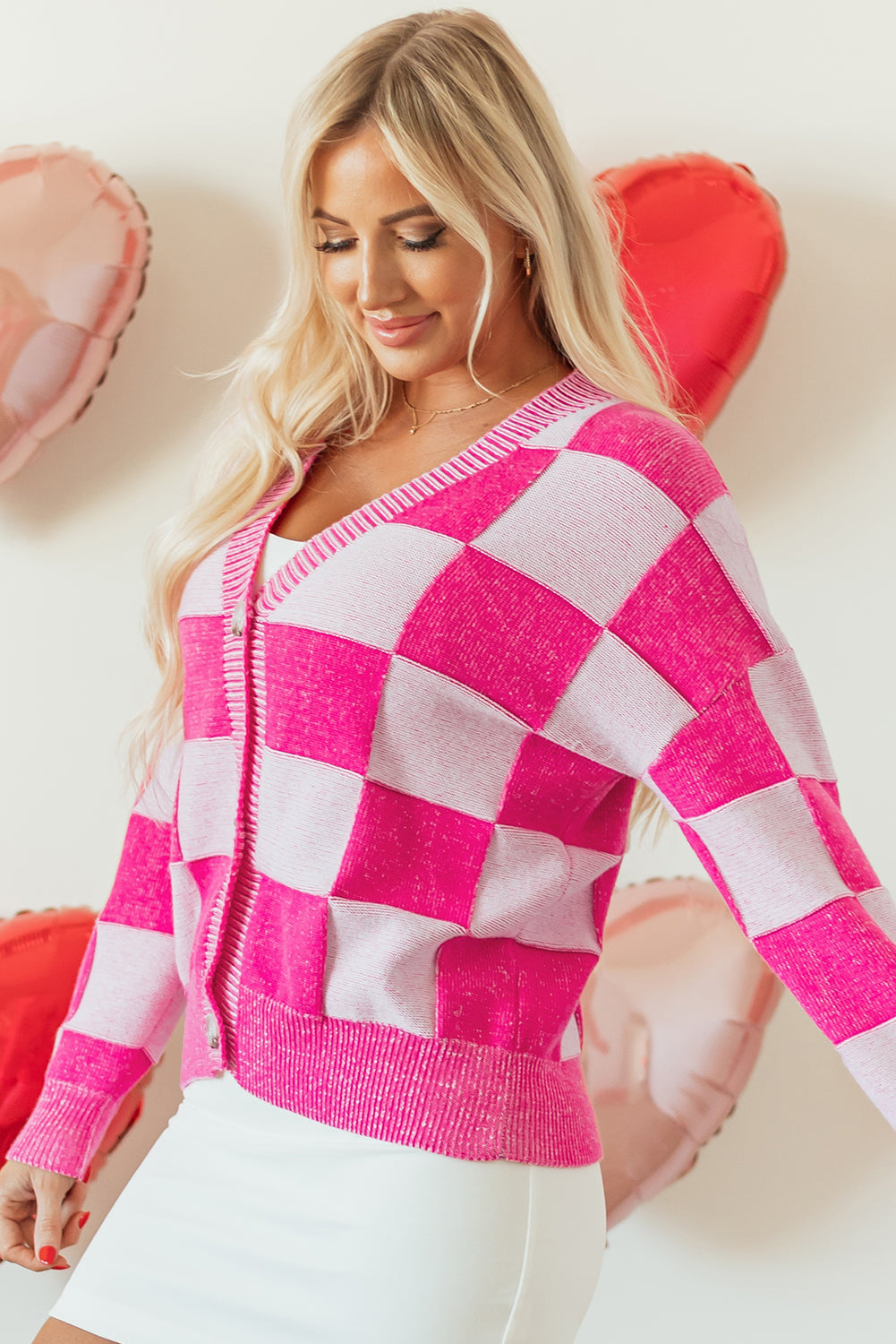 Pink Checkered Buttoned V-Neck Cardigan