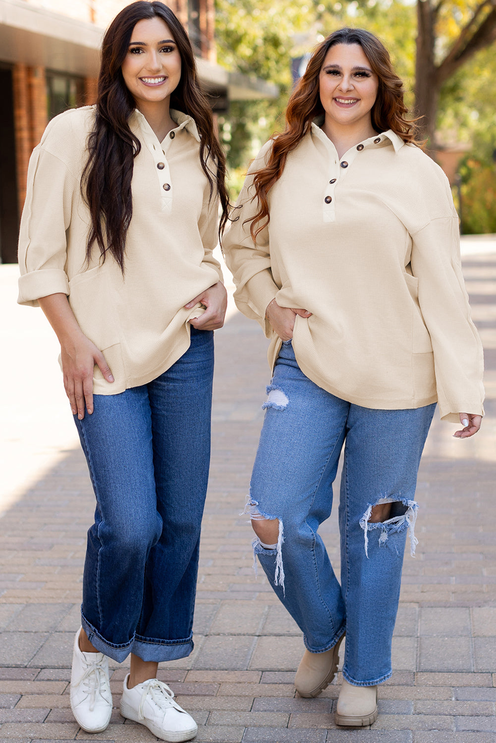 Waffle Long Sleeve Half Button Loose Top