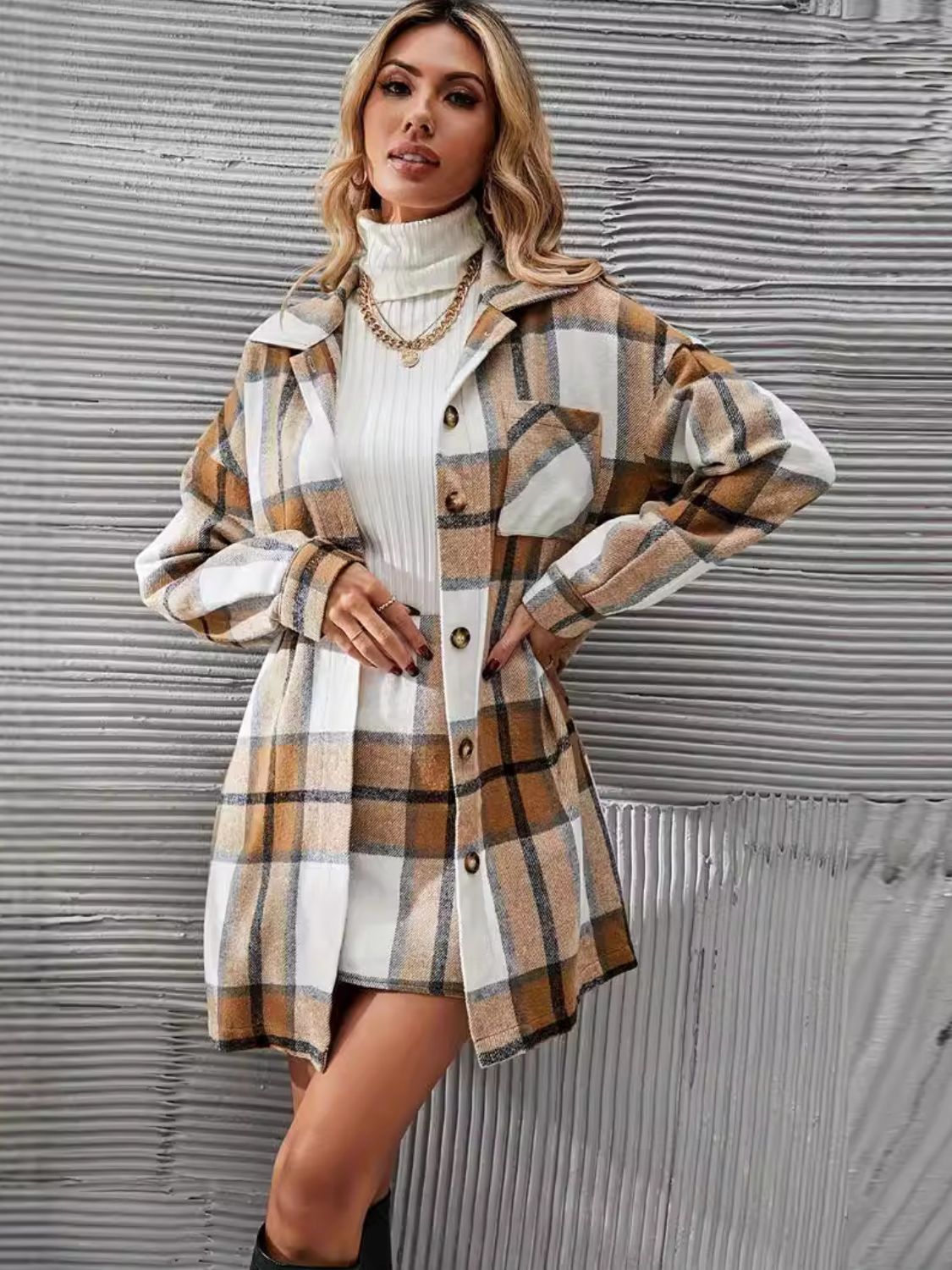 Plaid Button Up Coat & Skirt Set