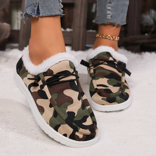 Fuzzy Camouflage Flat Boots