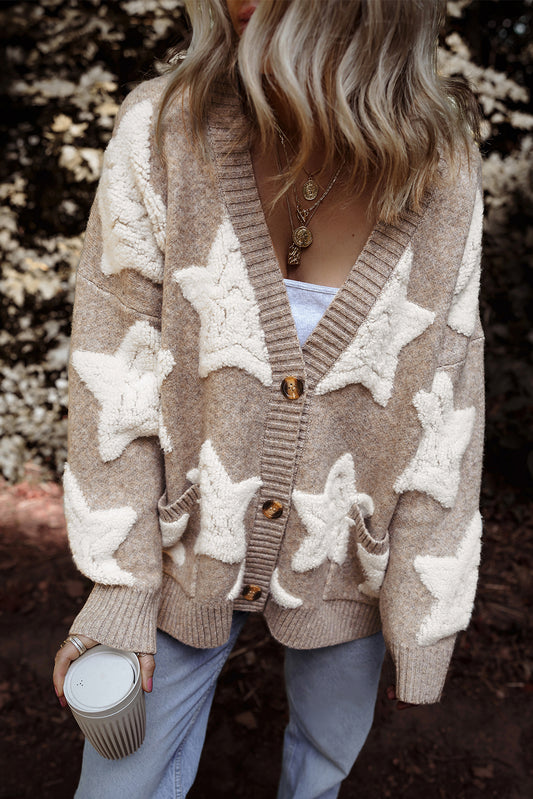 Khaki Sherpa Star Textured Sweater Cardigan