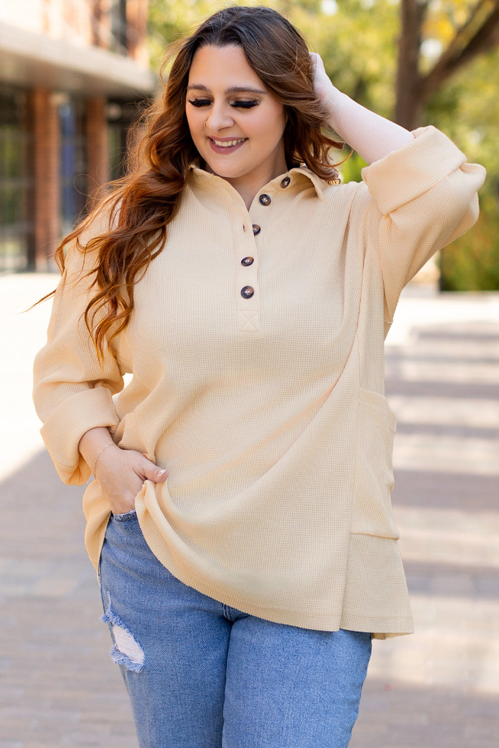 Plus Size Thermal Waffle Knit Henley Top