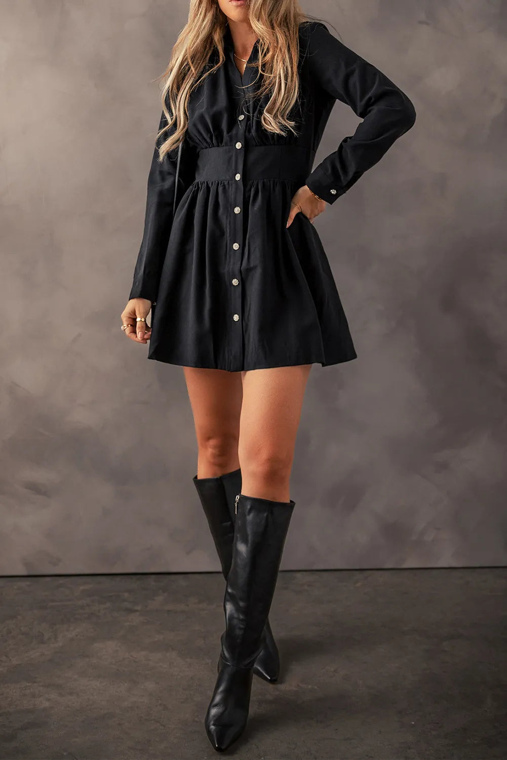 Ruched Button-Up Long Sleeve Dress