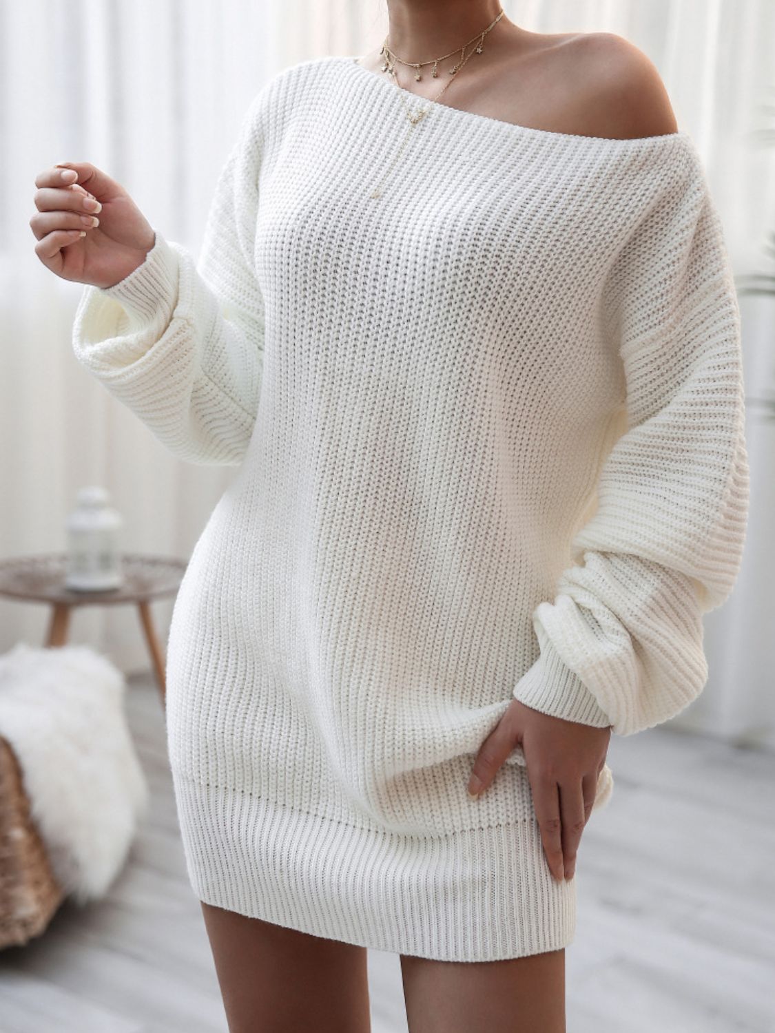 Balloon Boat Neck Sweater Dress