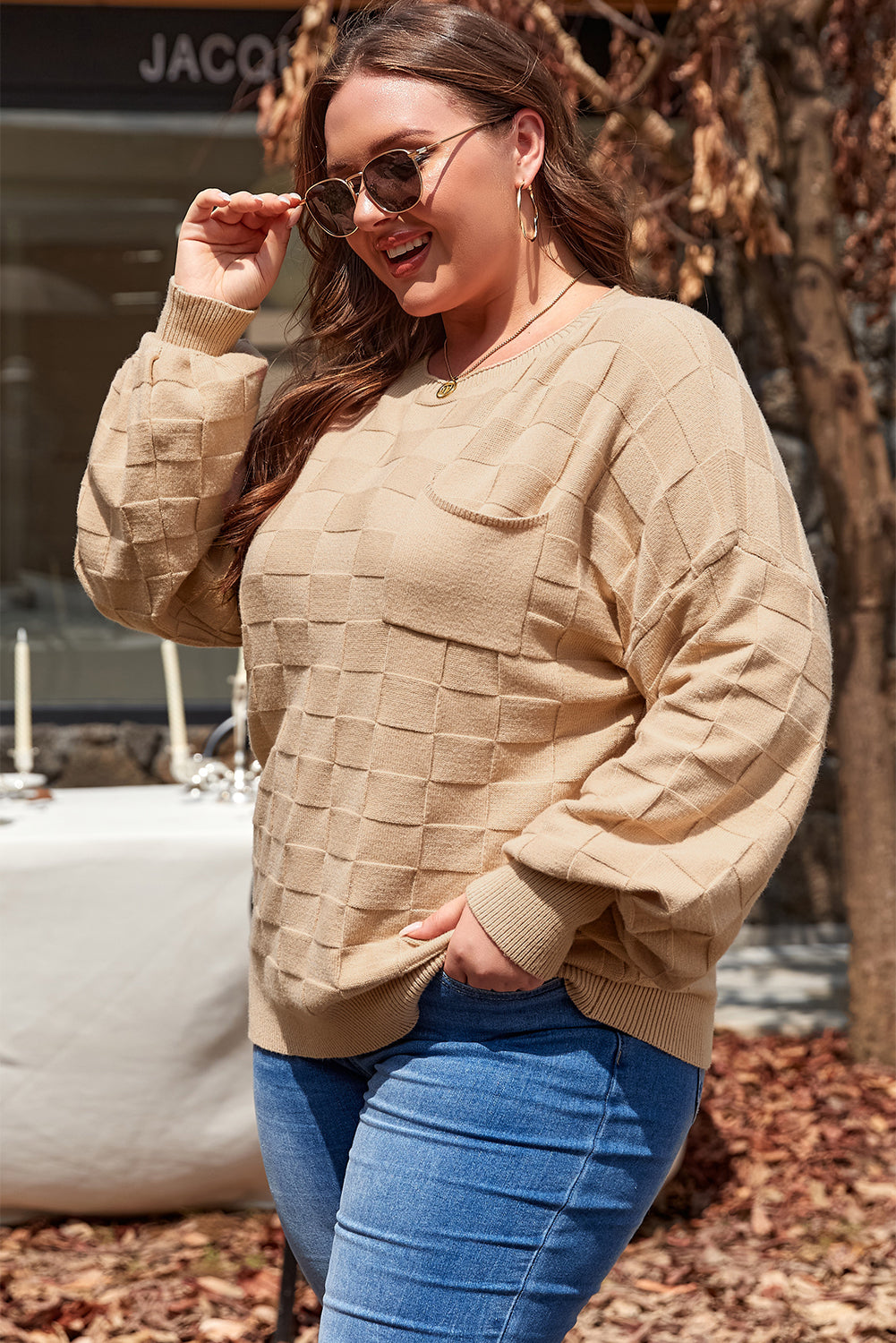 Plus Size Checkered Knit Sweater