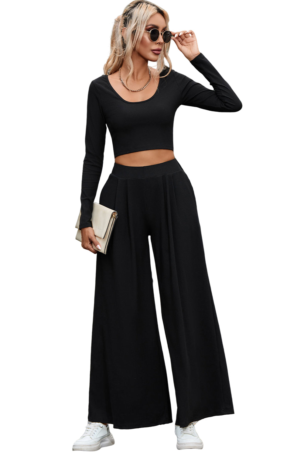 Ribbed Crop Top & Flowy Pants Set