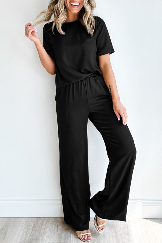 Black T-Shirt & Wide Leg Pants Set