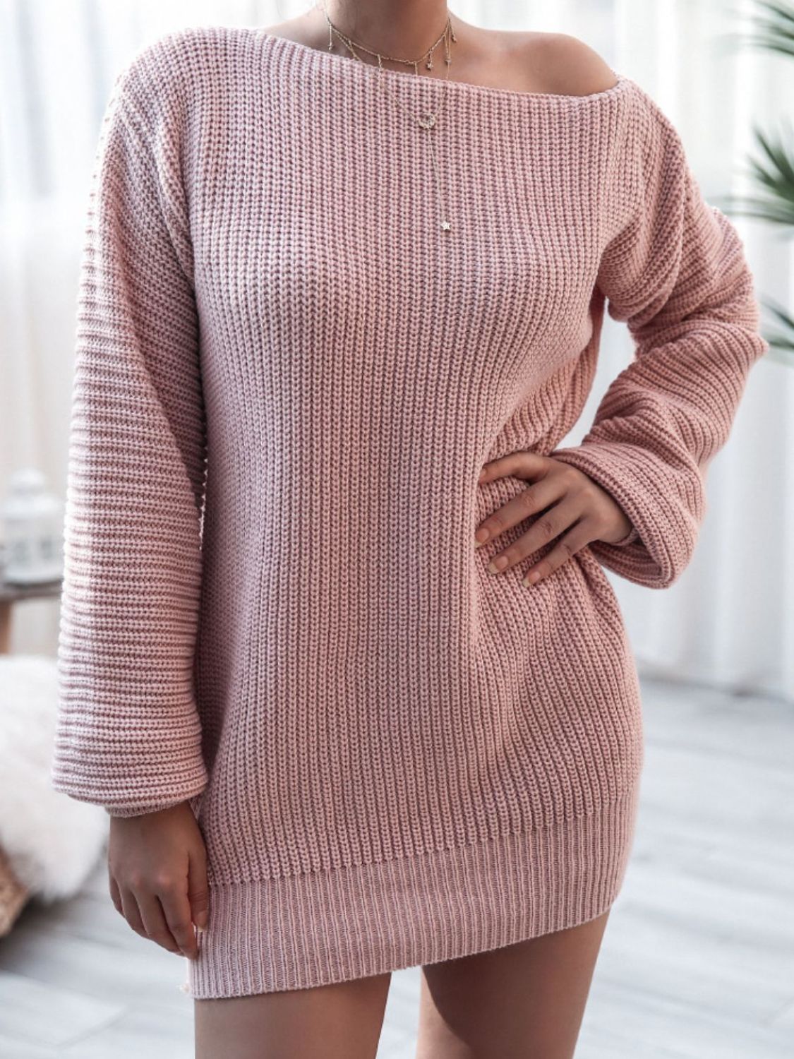 Balloon Boat Neck Sweater Dress