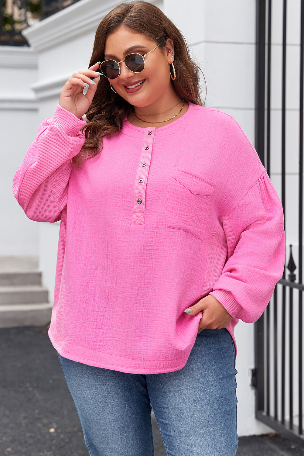 Plus Size Half Button Drop Sleeve Top