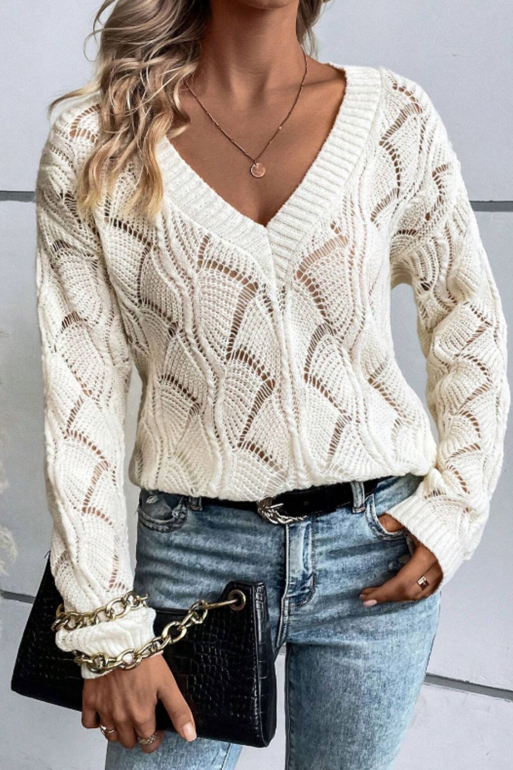 Openwork V-Neck Sweater