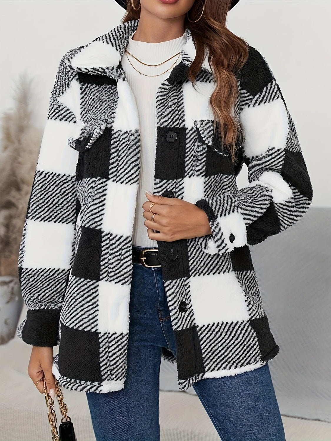 Plaid Button-Up Fuzzy Jacket