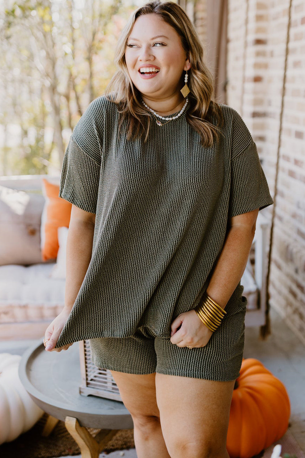 Plus Size Rib Knit Top & Shorts Set