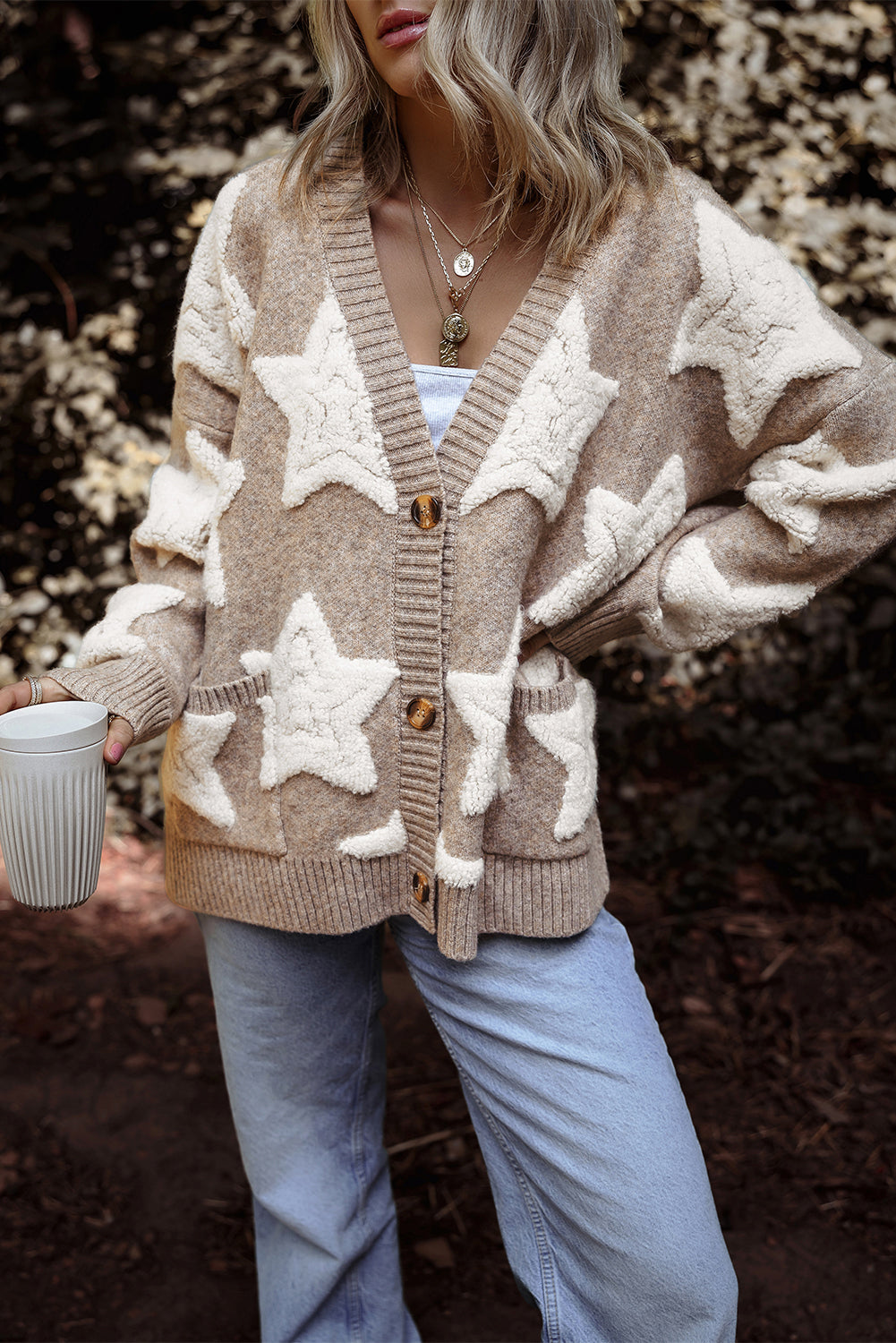 Khaki Sherpa Star Textured Sweater Cardigan