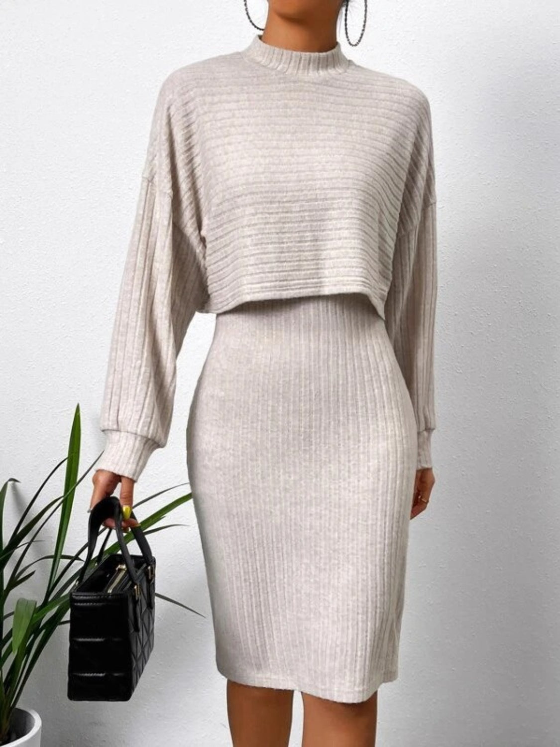 Mock Neck Top & Skirt Sweater Set