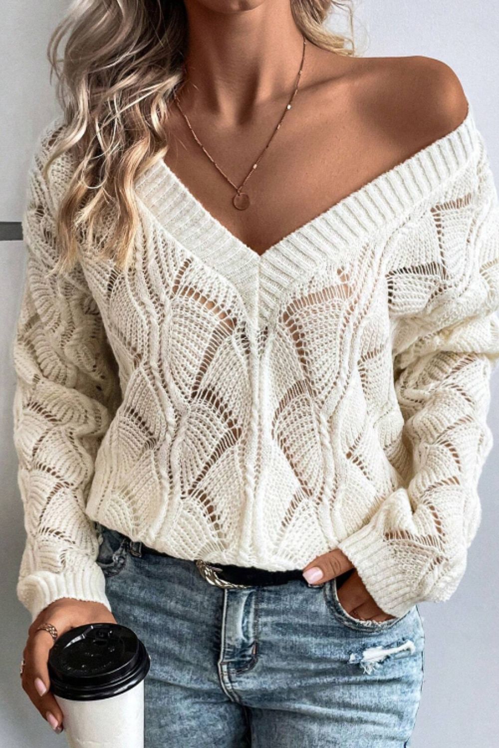 Openwork V-Neck Sweater