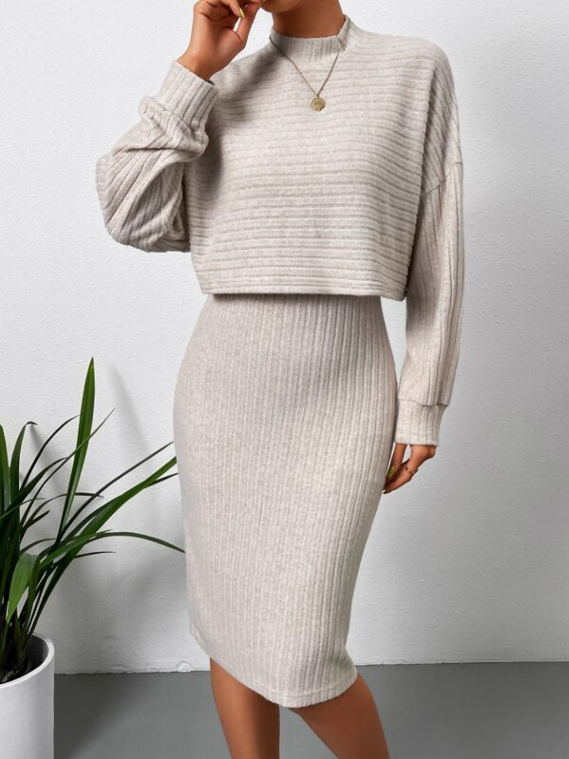 Mock Neck Top & Skirt Sweater Set