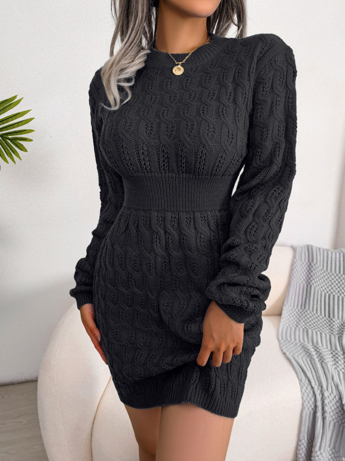 Cable-Knit Mini Wrap Sweater Dress