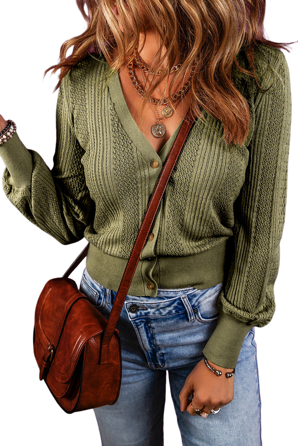 V Neck Buttoned Textured Sweater