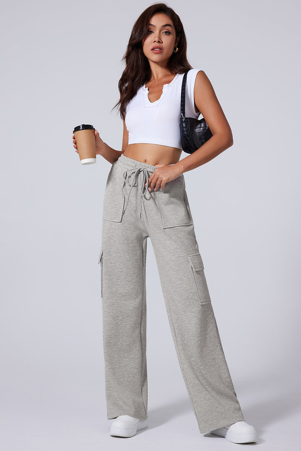 Multi-Pockets High Waist Wide Sweatpants