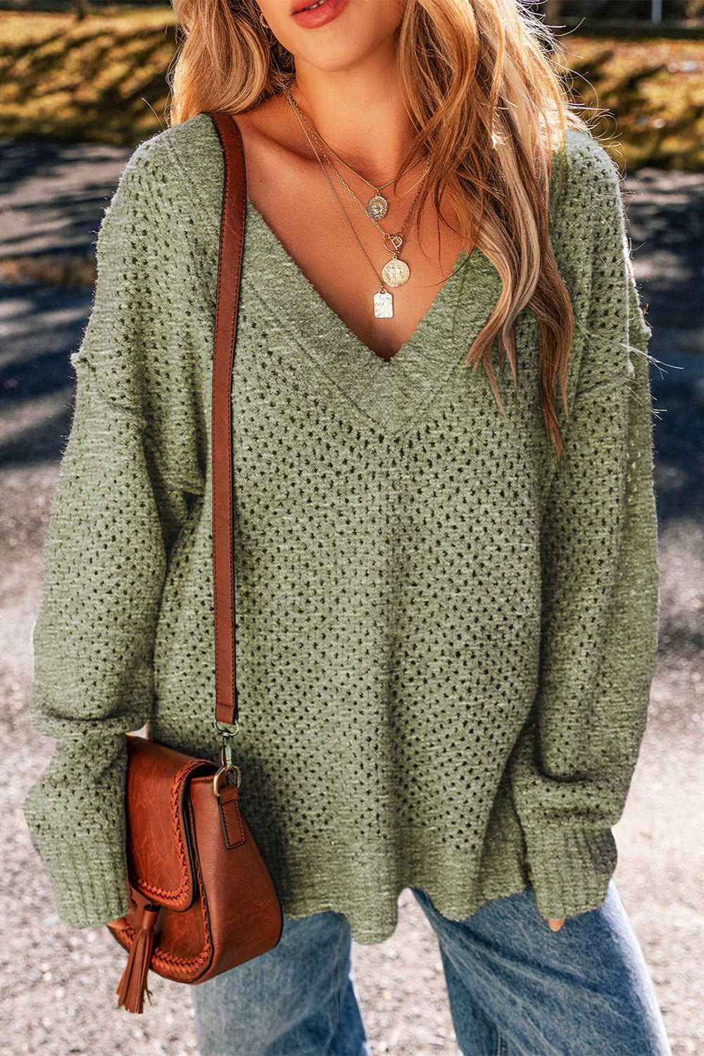 Openwork V-Neck Sweater