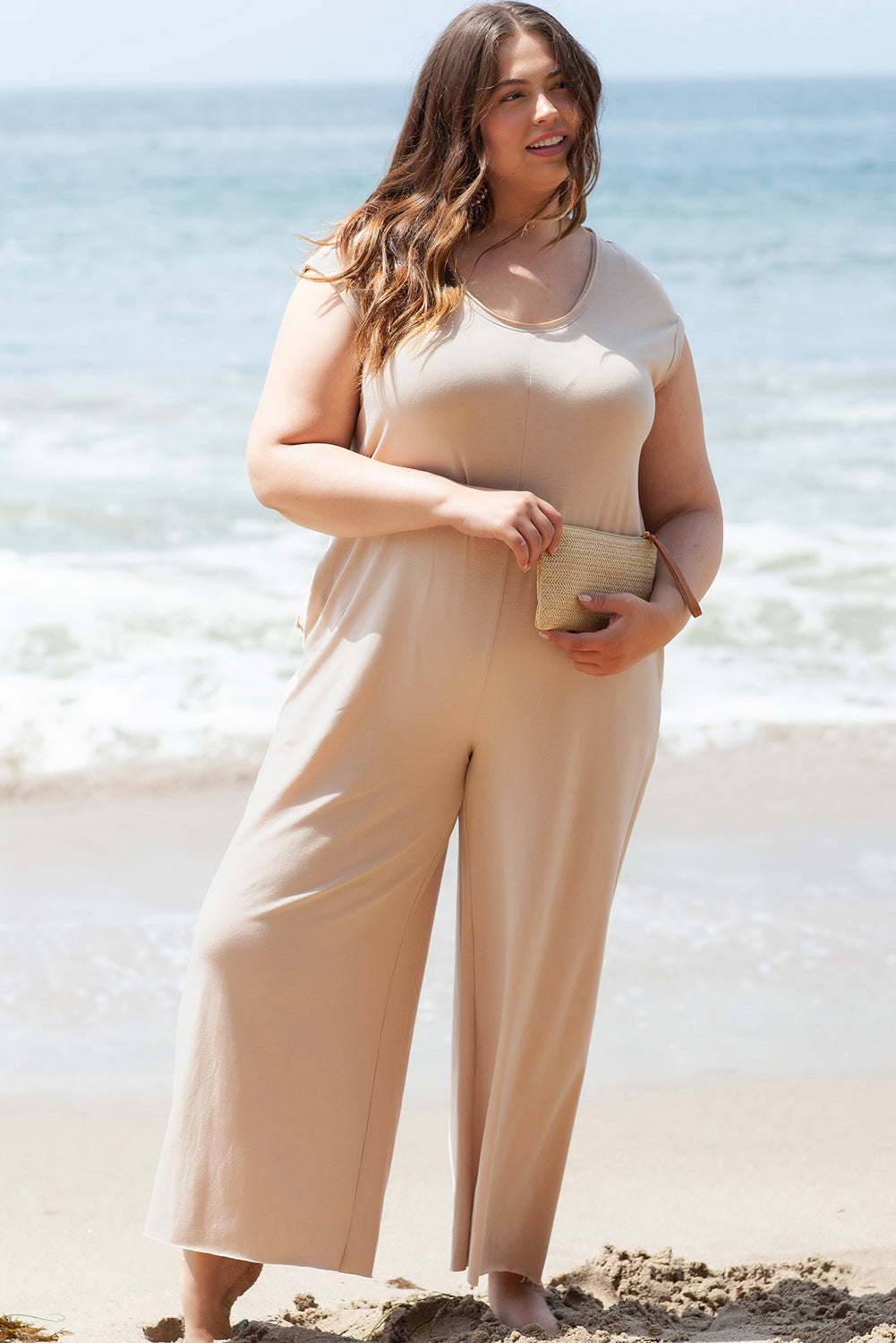 Plus Size Beige Wide Leg Jumpsuit