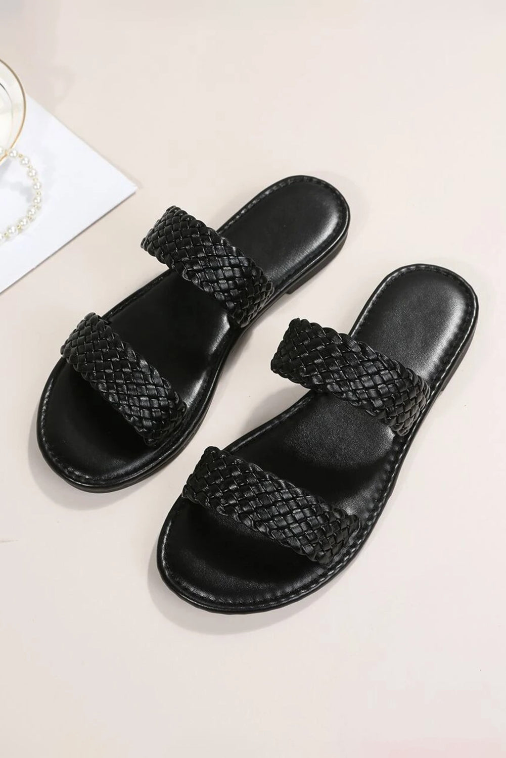 Black Braided Leather Flat Sandals