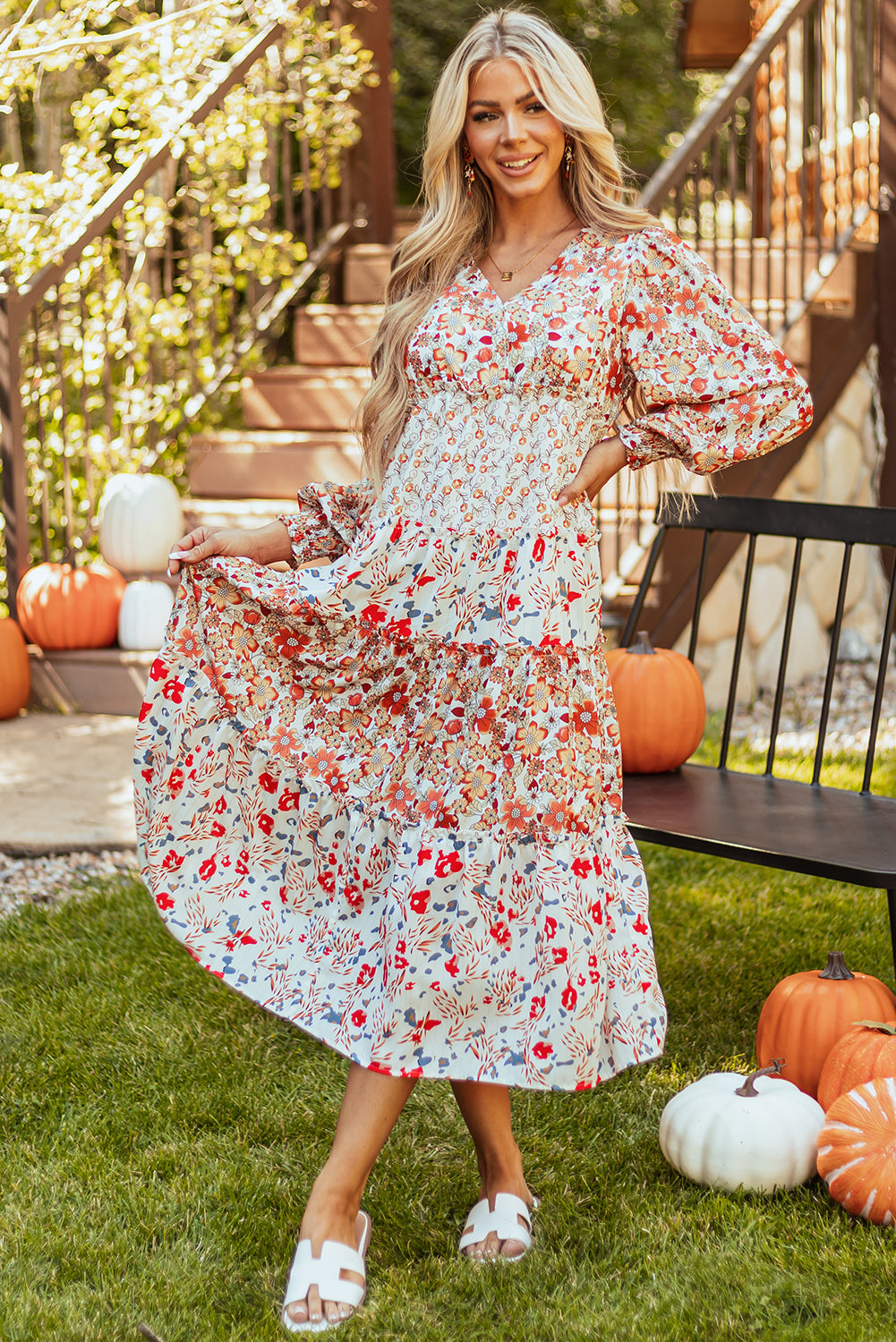 Floral Ruffled Tiered Long Sleeve Midi Dress