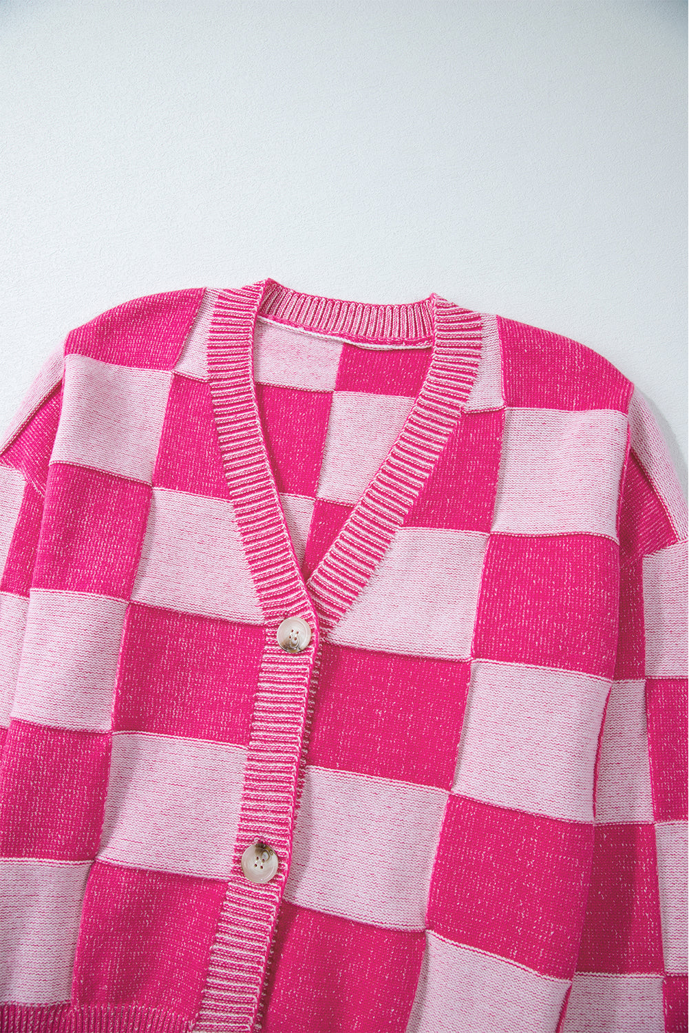 Pink Checkered Buttoned V-Neck Cardigan