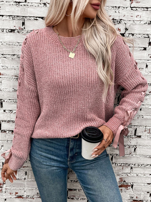 Lace-Up Round Neck Sweater