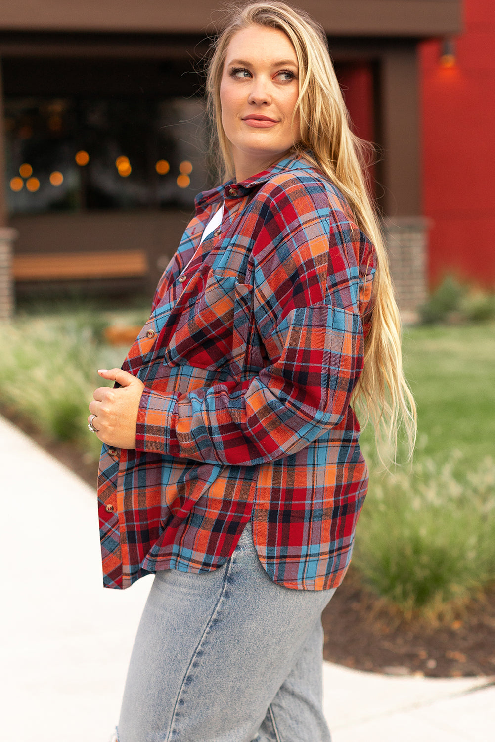 Plus Size Plaid Print Buttoned Shirt