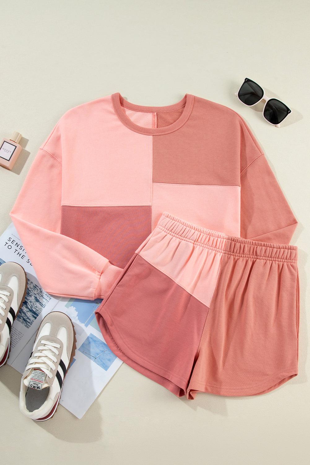 Peach Blossom Colorblock Long Sleeve & Shorts Set