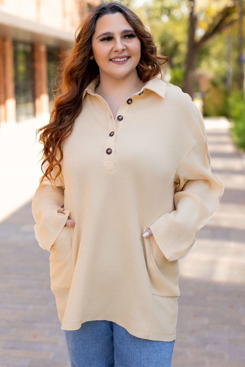 Plus Size Thermal Waffle Knit Henley Top