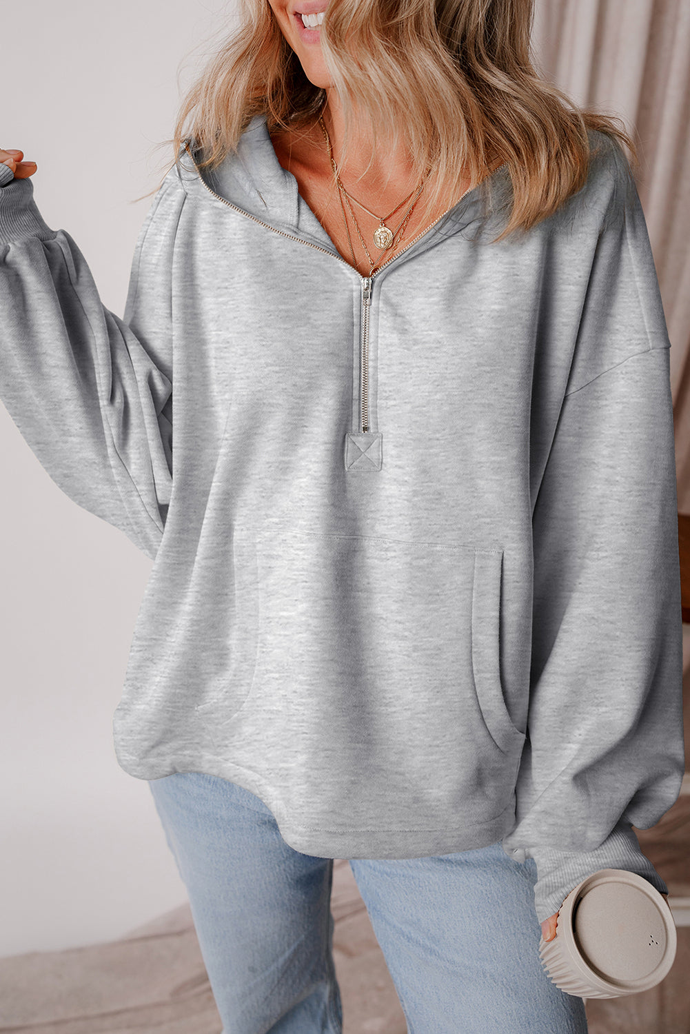 Fleece Half-Zip Kangaroo Loose Hoodie