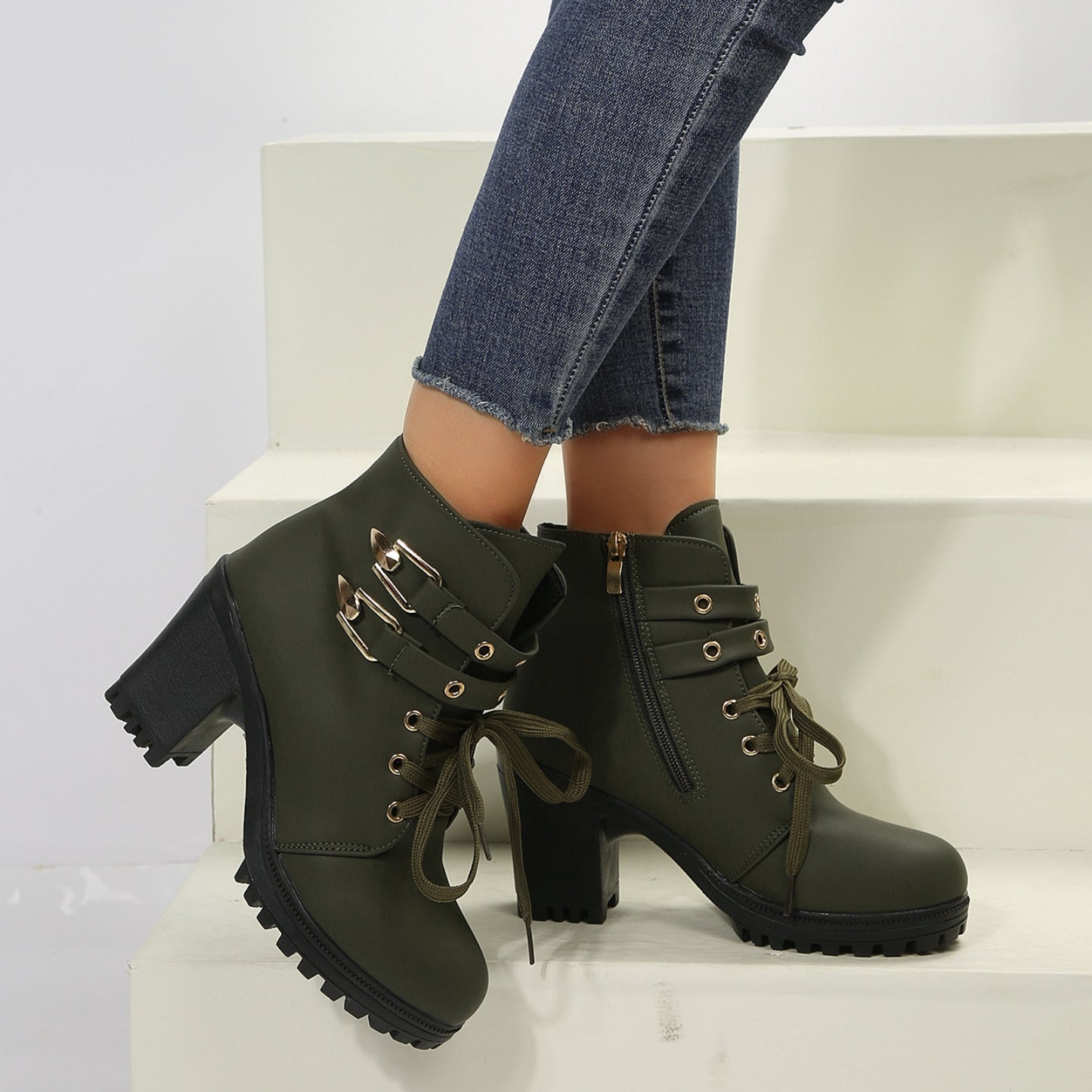 PU Leather Block Heel Boots