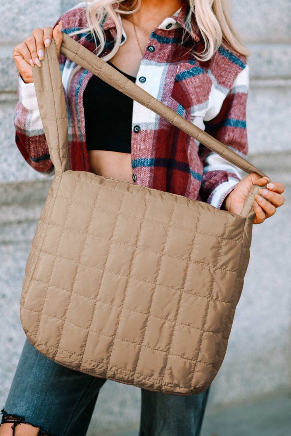 Beige Quilted Zipper Shoulder Bag