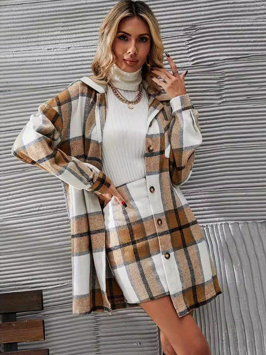 Plaid Button Up Coat & Skirt Set