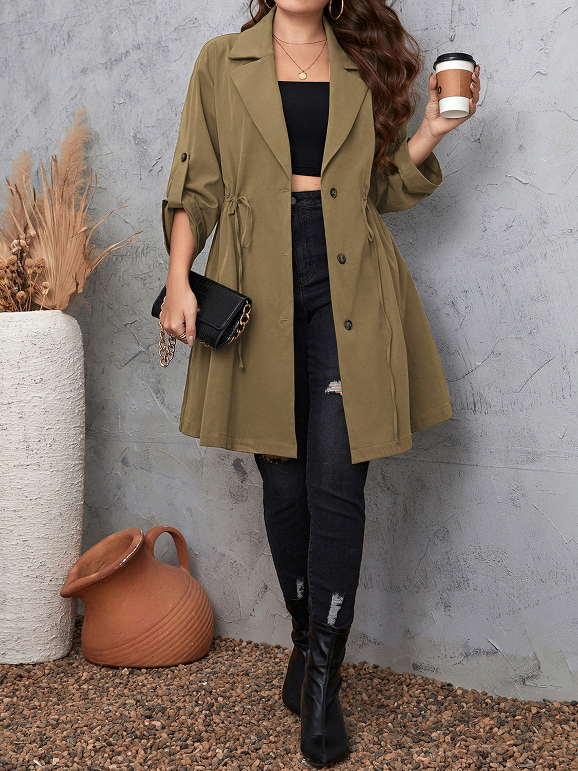 Plus Size Lapel Roll-Tab Trench Coat