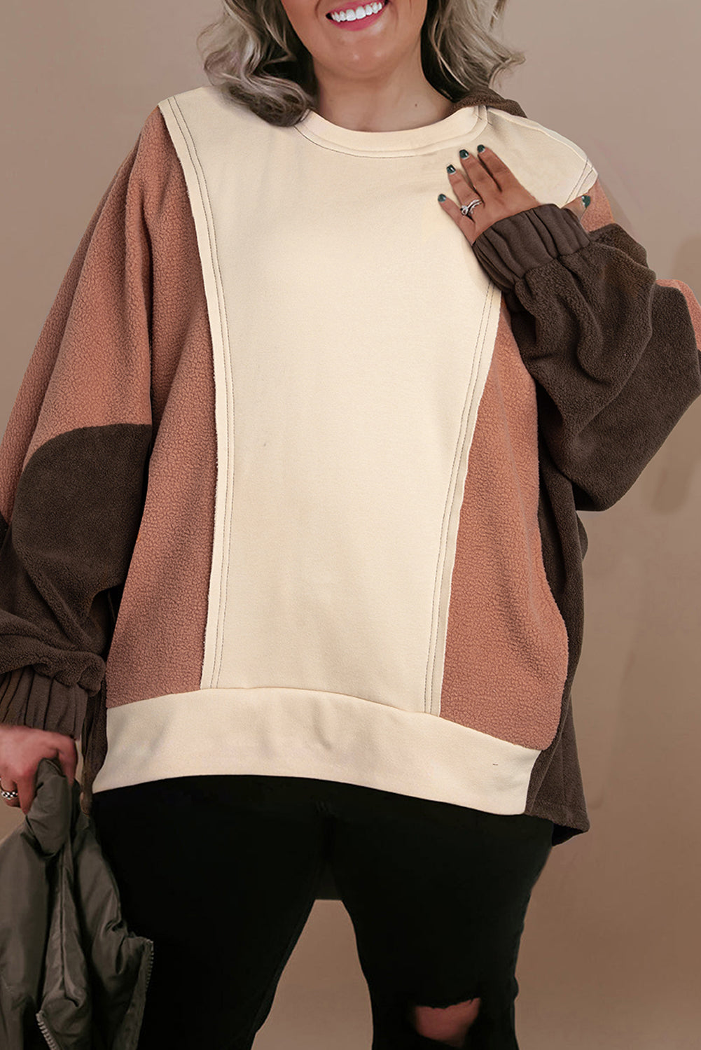 Plus Size Brown Colorblock Hoodie