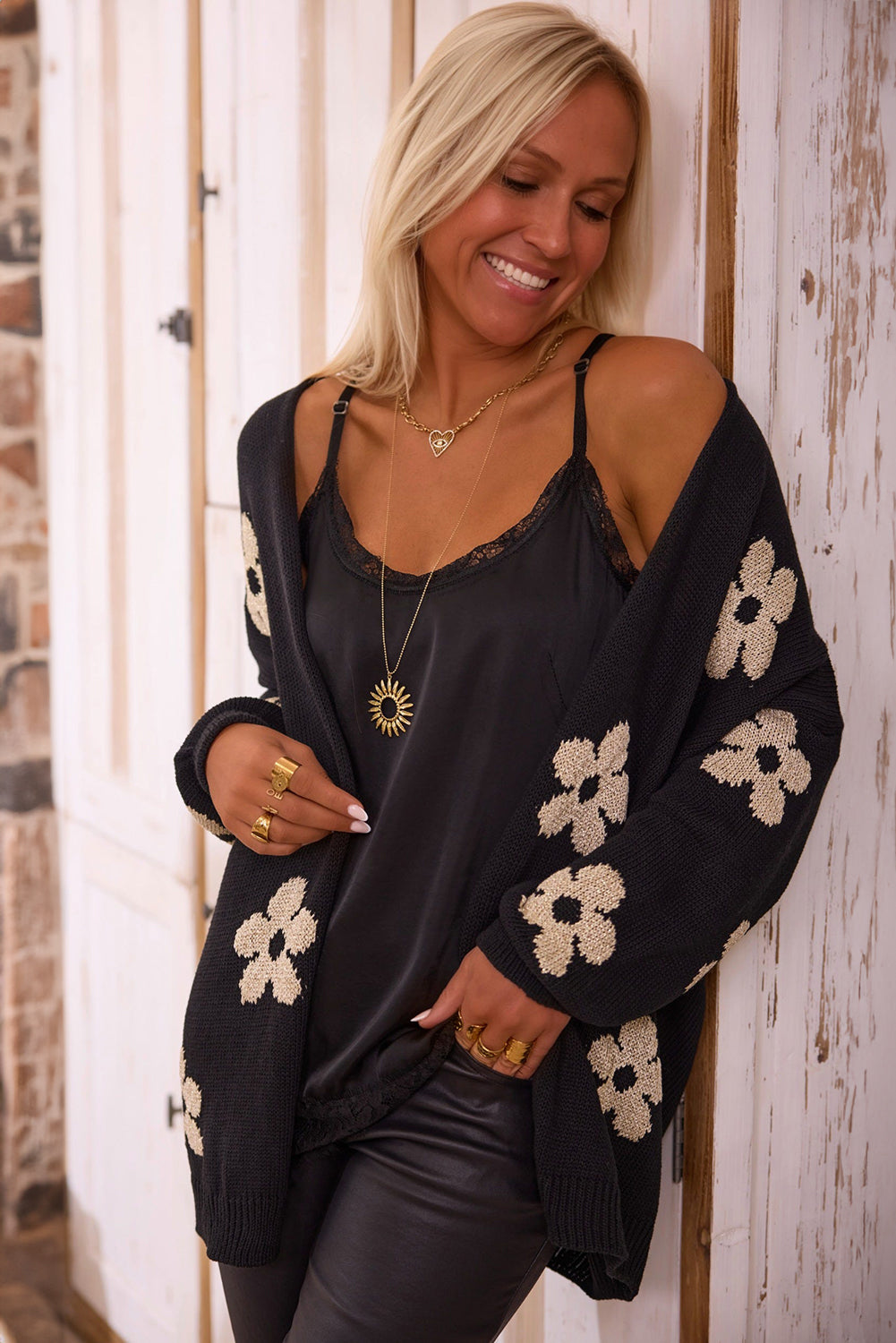 Black Floral Knitted Loose Cardigan