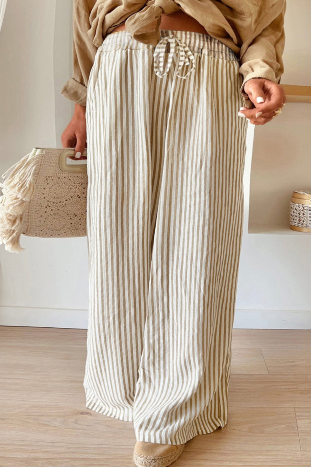 Plus Size Khaki Stripe High Waist Pants