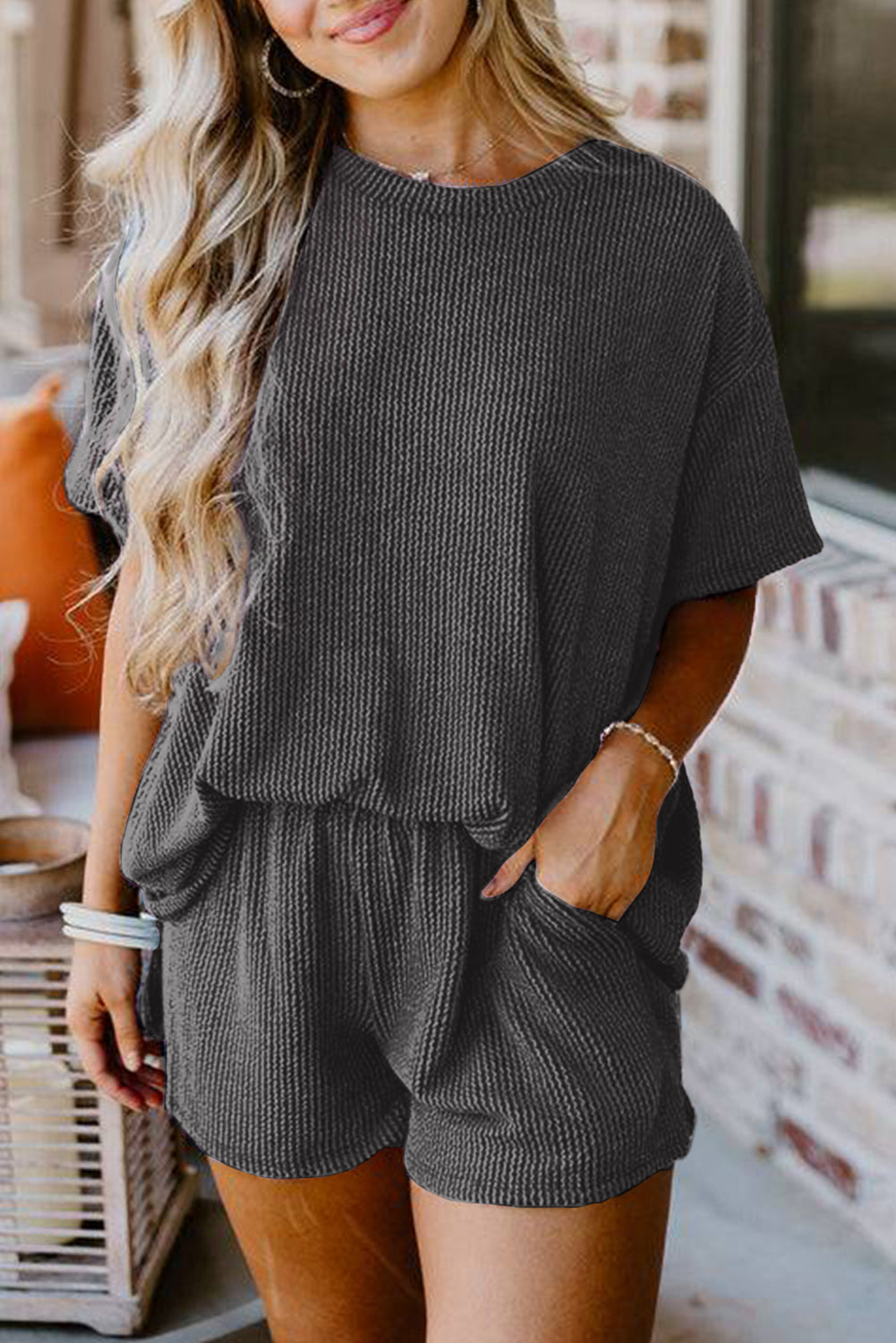 Ribbed Knit Loose Fit Tee & Shorts Set