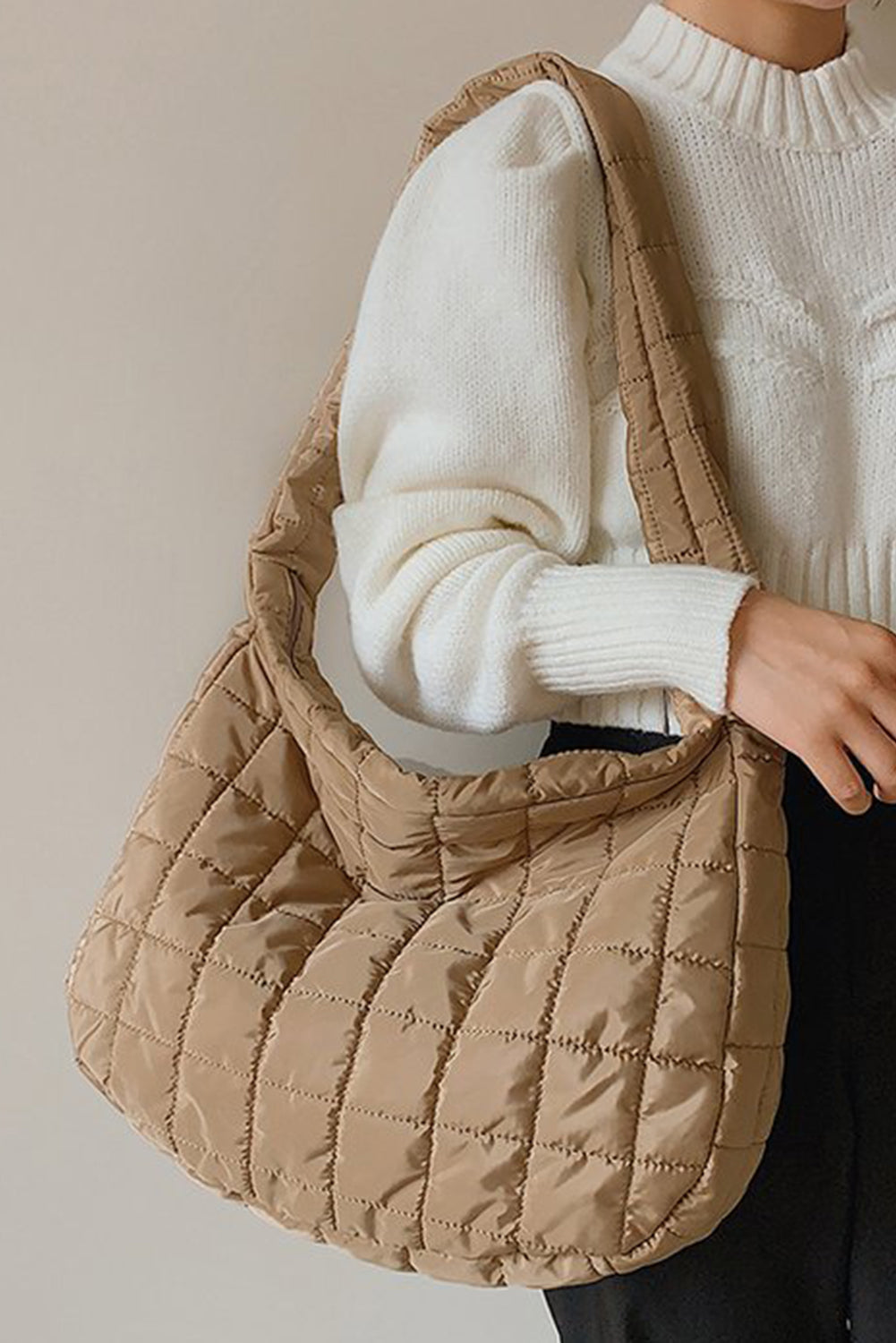 Beige Quilted Zipper Shoulder Bag