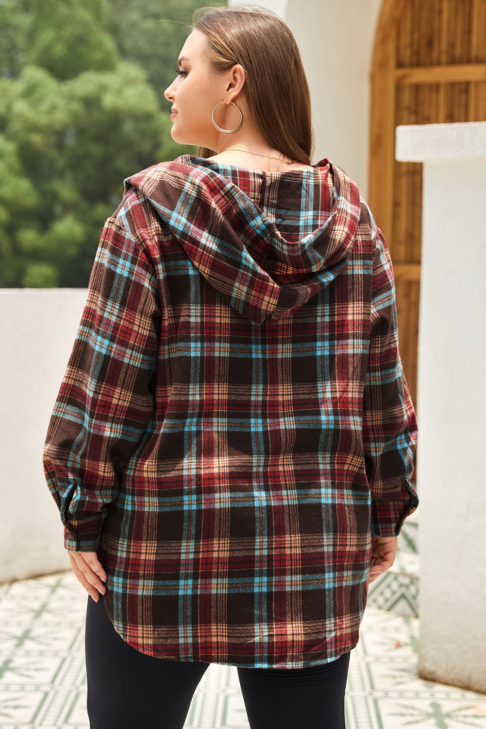 Plus Size Plaid Drawstring Hoodie