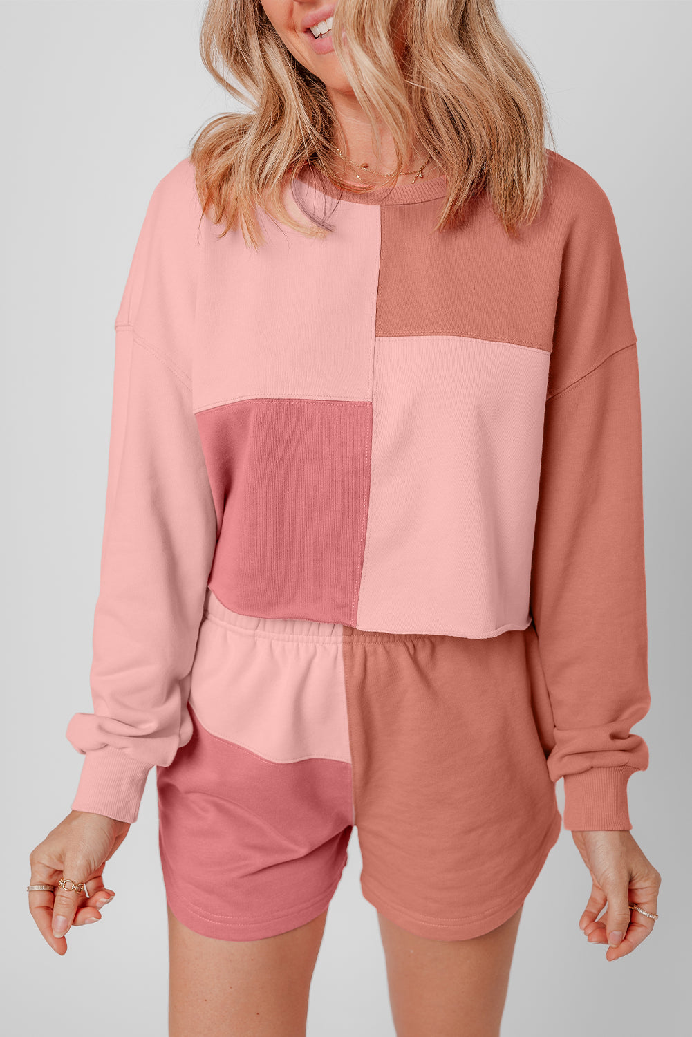 Peach Blossom Colorblock Long Sleeve & Shorts Set