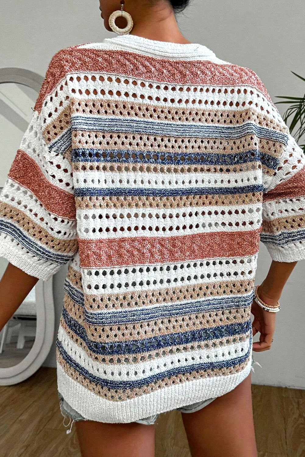 Multicolor Striped Half Sleeve Knitted Sweater