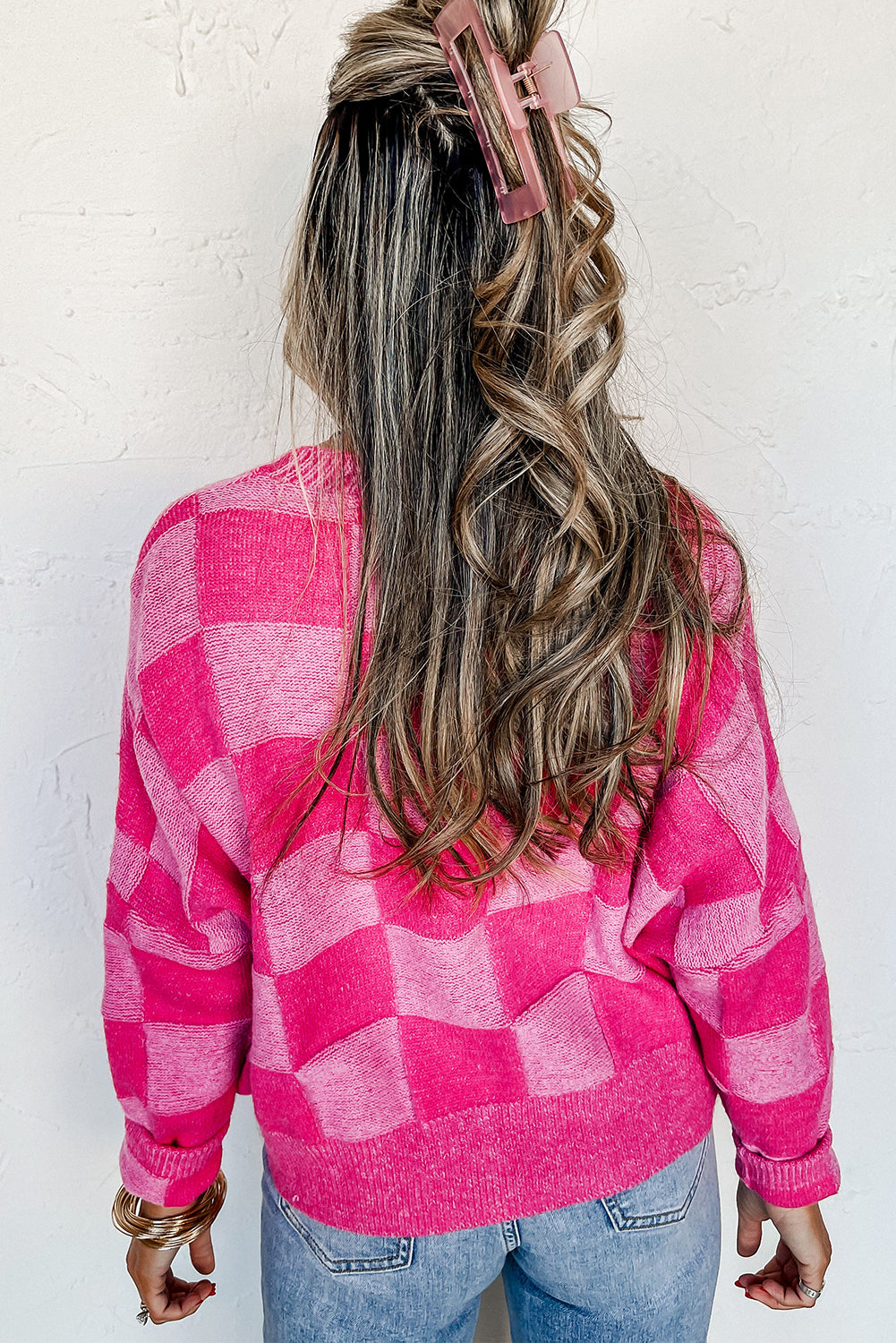 Pink Checkered Buttoned V-Neck Cardigan