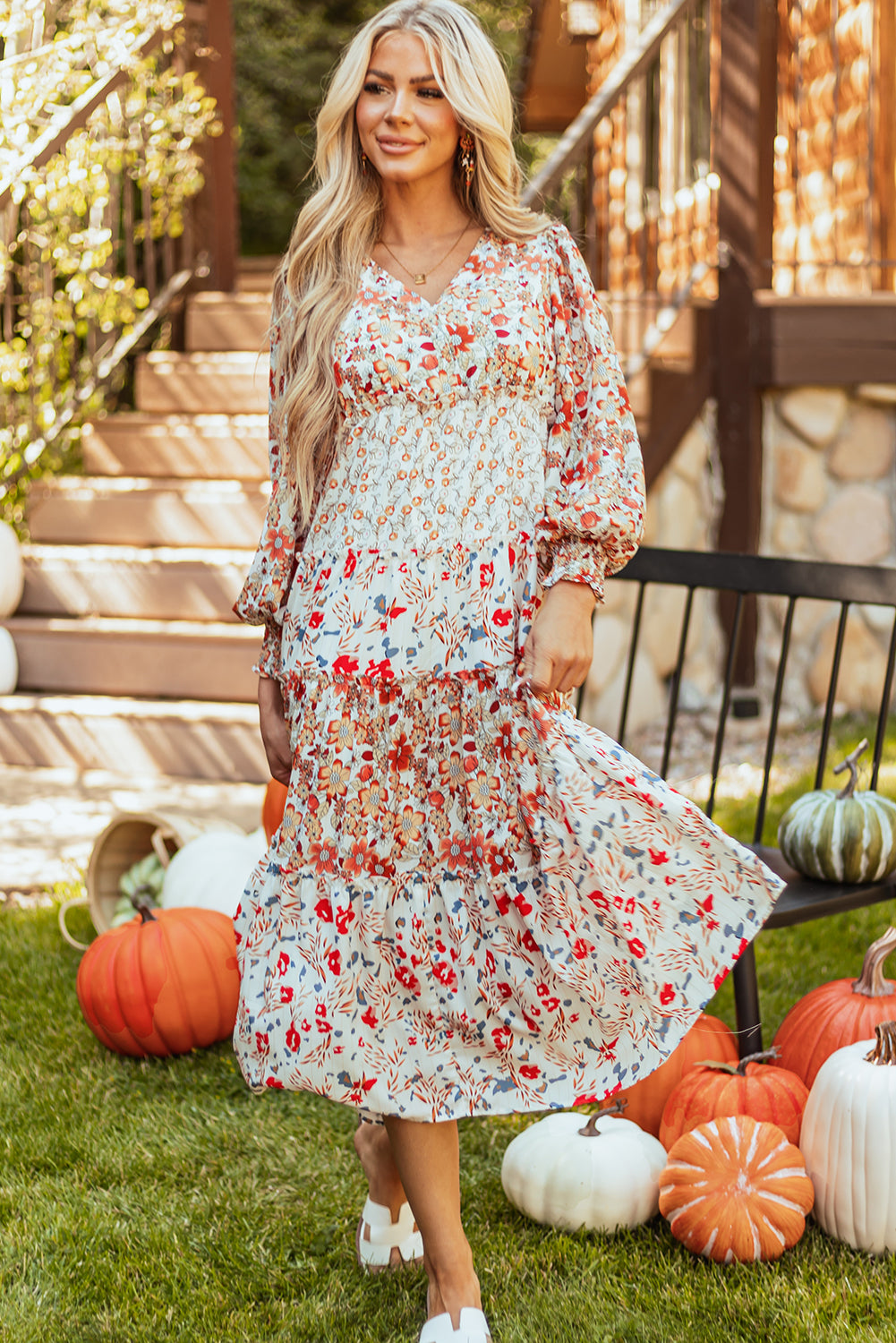 Floral Ruffled Tiered Long Sleeve Midi Dress