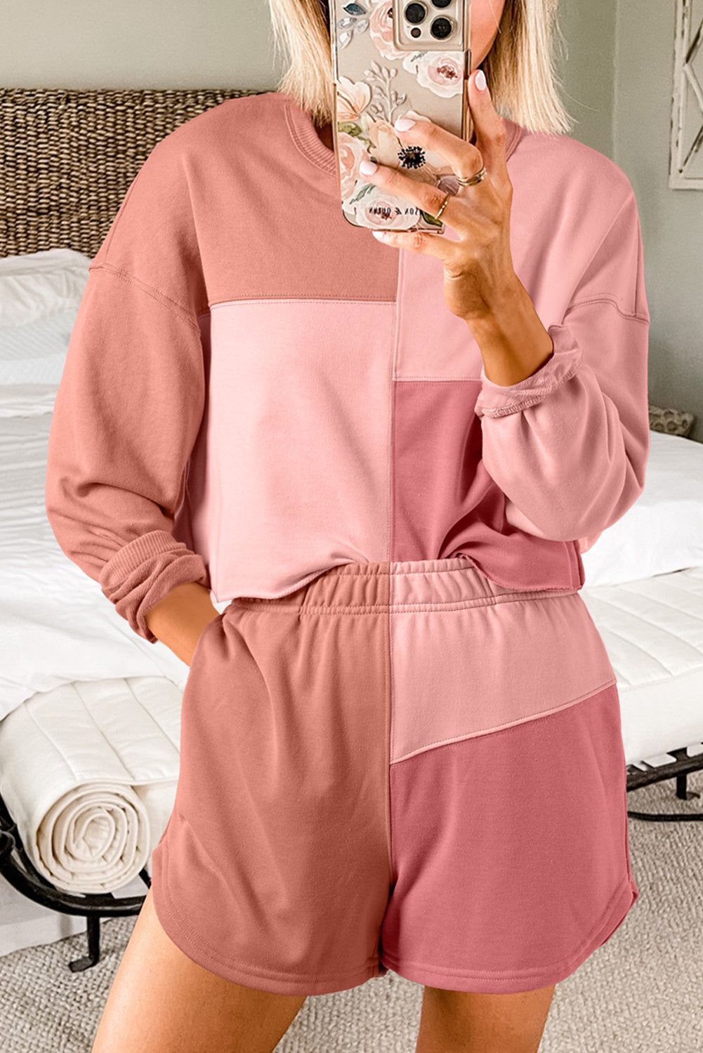 Peach Blossom Colorblock Long Sleeve & Shorts Set