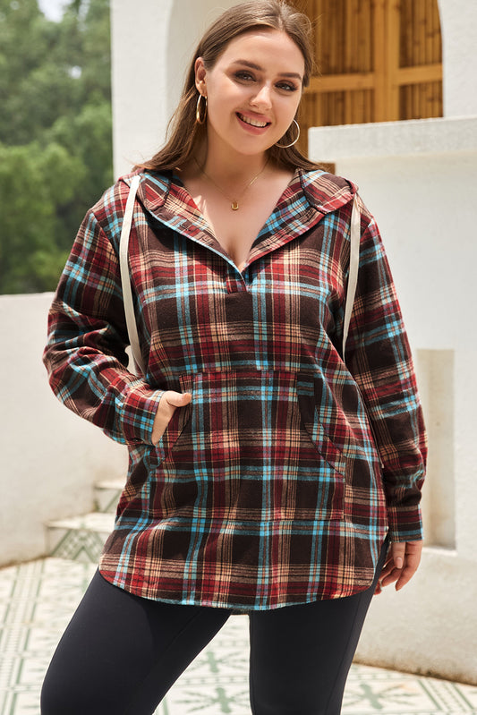 Plus Size Plaid Drawstring Hoodie